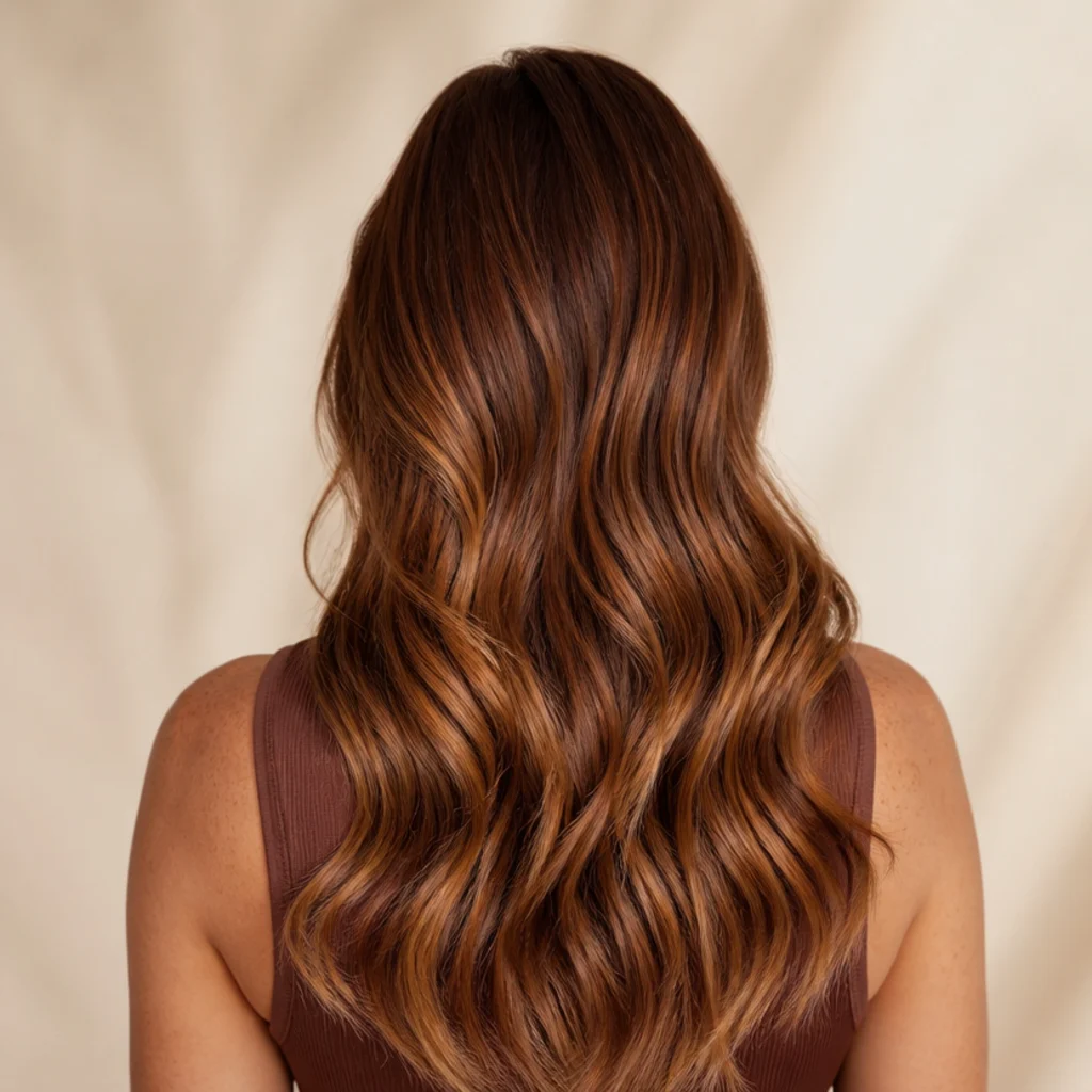 Back view of gingerbread brunette hair blending warm brown, ginger and caramel in a hand-painted balayage