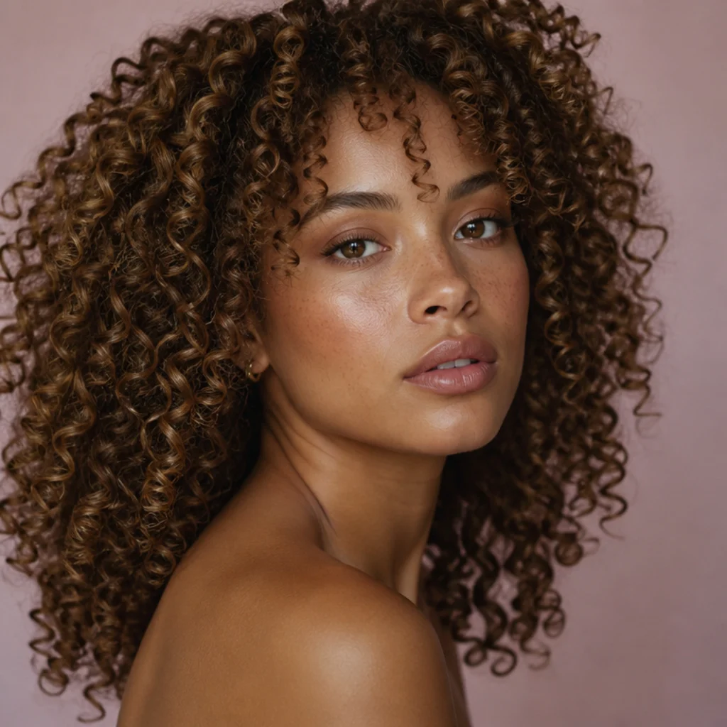 Three-quarter view of textured curls in hazelnut brown with fine warm highlights defining the curl pattern