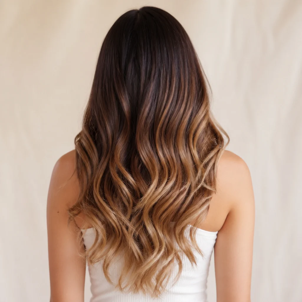 Back view of long hair in a multi-dimensional brunette ombré fading from dark roots through caramel to bright ends