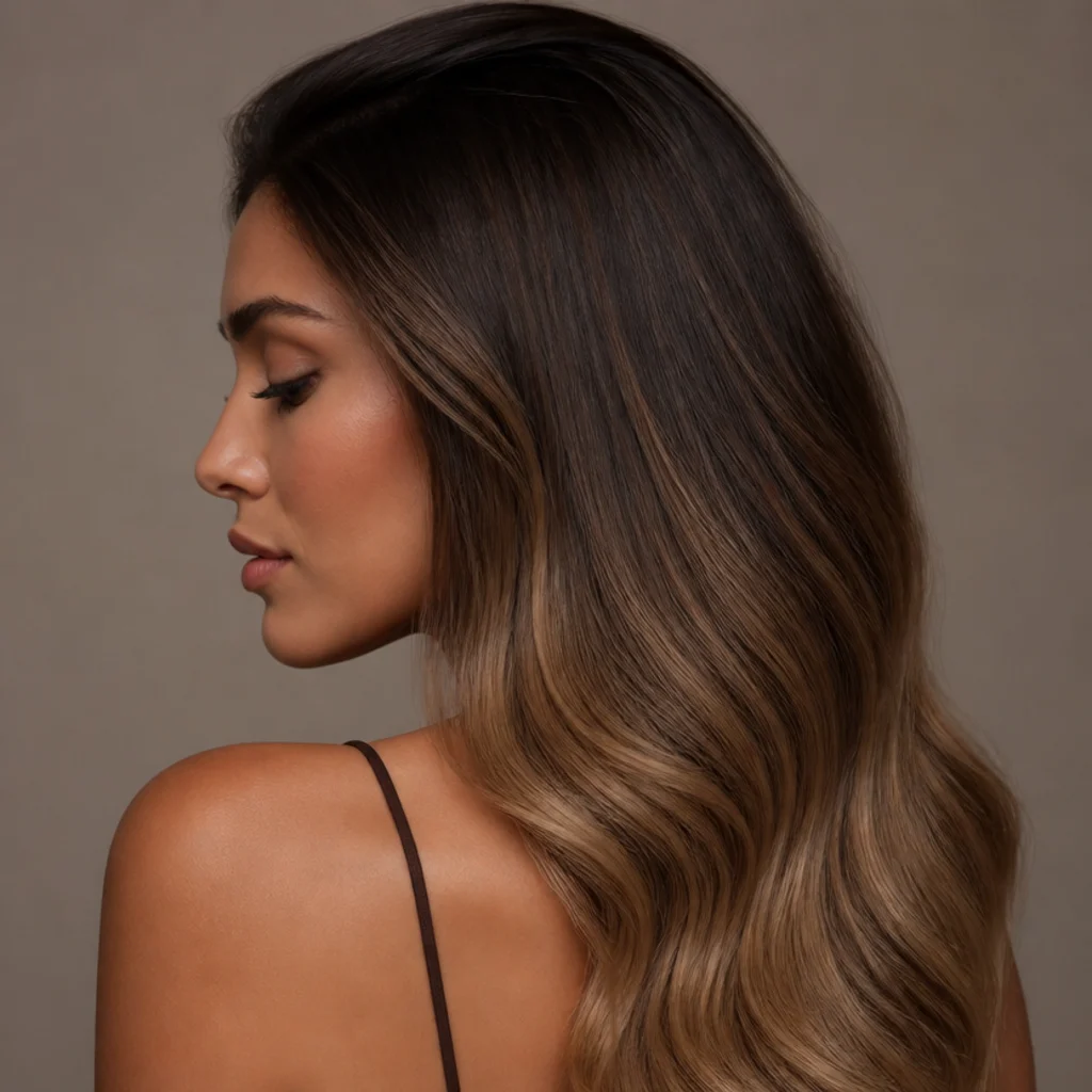 Side profile of warm mocha brown hair melting from a deep root into softly lightened coffee-toned ends
