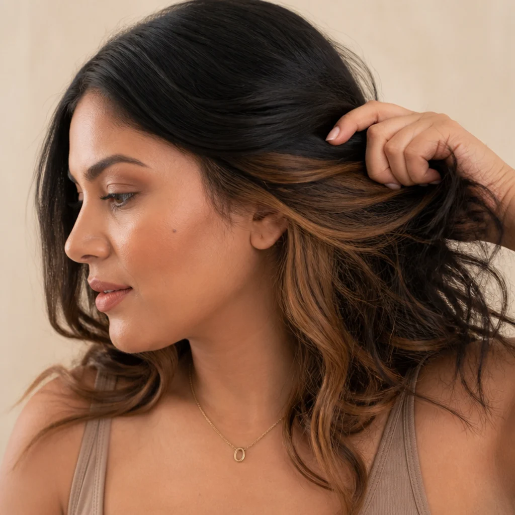 Three-quarter view of brunette hair lifted to reveal a hidden caramel peekaboo underlayer beneath a dark top layer