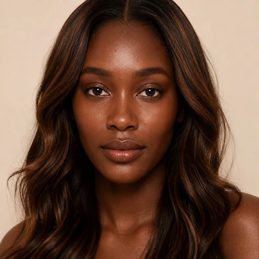 Front-facing portrait of a deep-skinned model with dark brunette hair carrying warm mahogany and caramel dimension