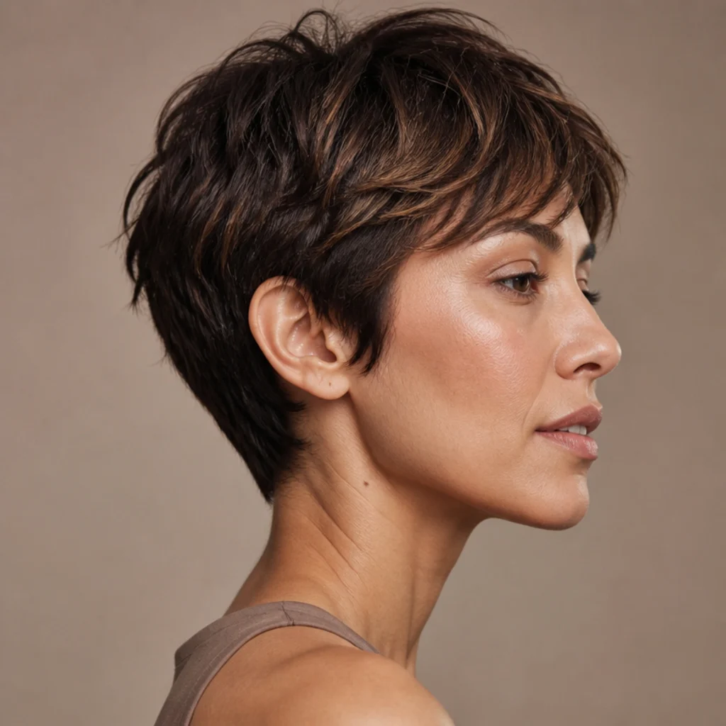 Side view of a textured brunette pixie cut with warm caramel highlights adding depth around the crown and fringe