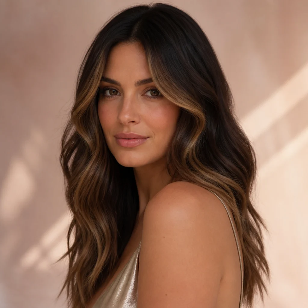 Three-quarter studio portrait of a brunette model with warm dimensional balayage, chestnut ribbons and caramel face-framing pieces on soft waves