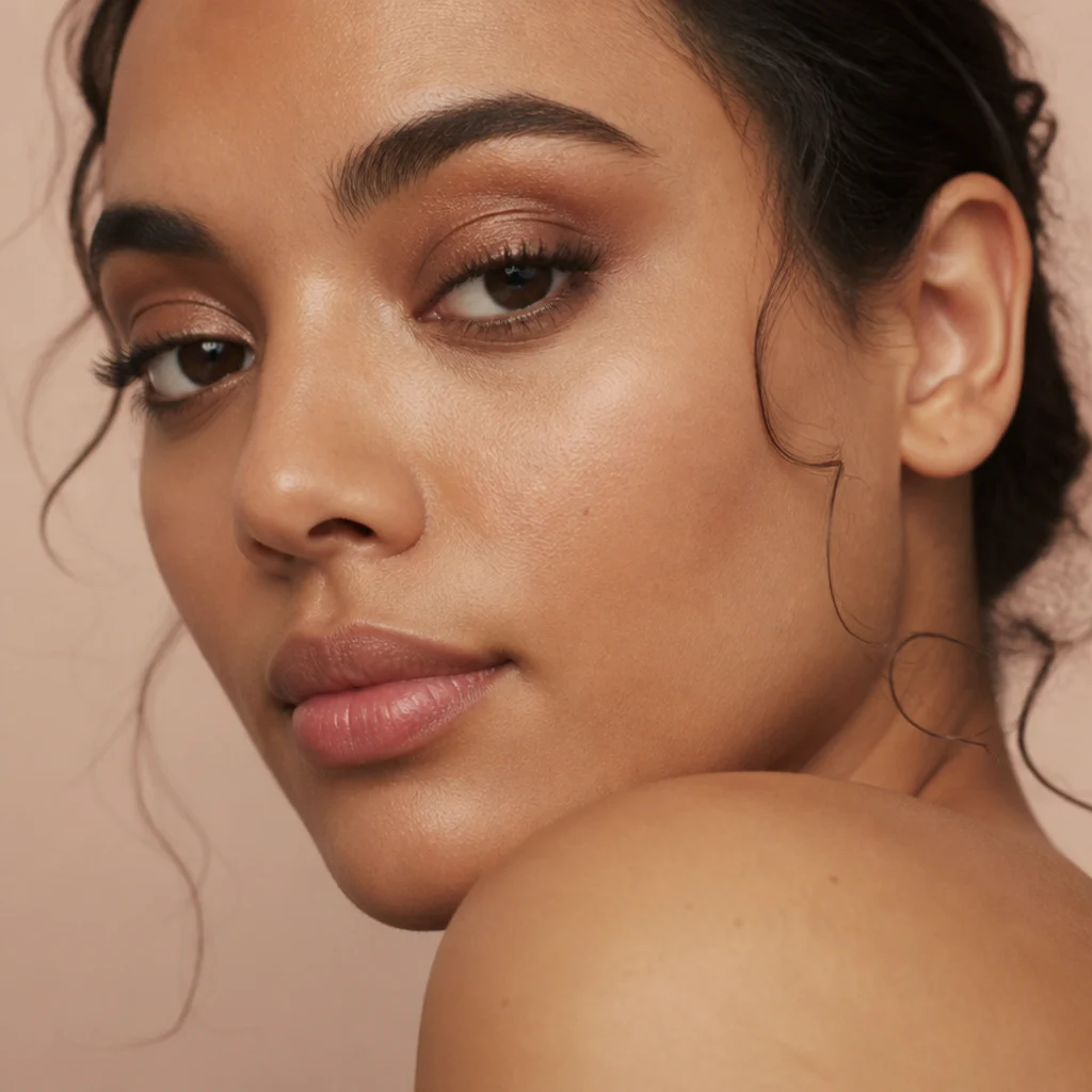 Model wearing warm bronze shadow blended into a soft lifted foxy shape with brown mascara