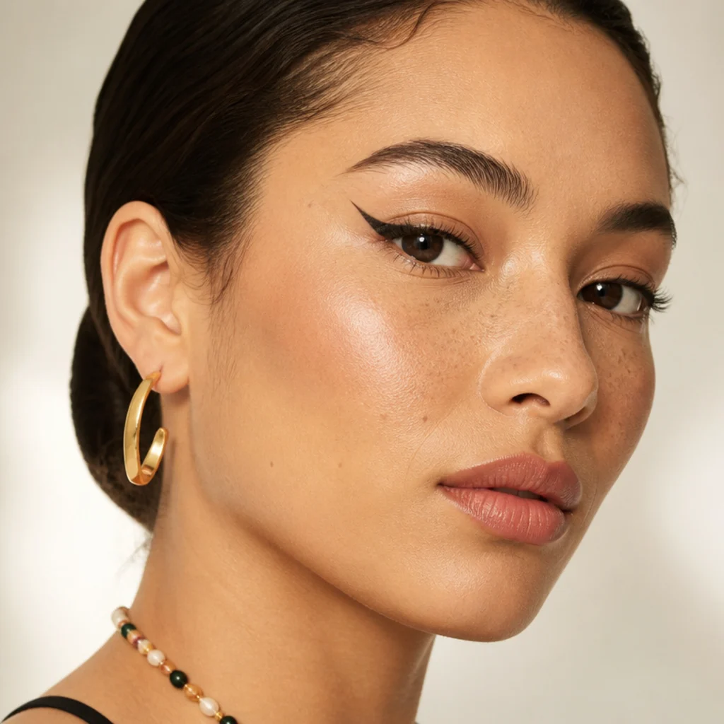 Model with a precise black foxy wing angled steeply upward toward the brow tail