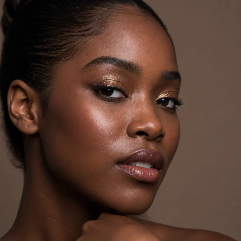 Model with a bronze foxy base topped by fine gold glitter pressed across the center of the lid