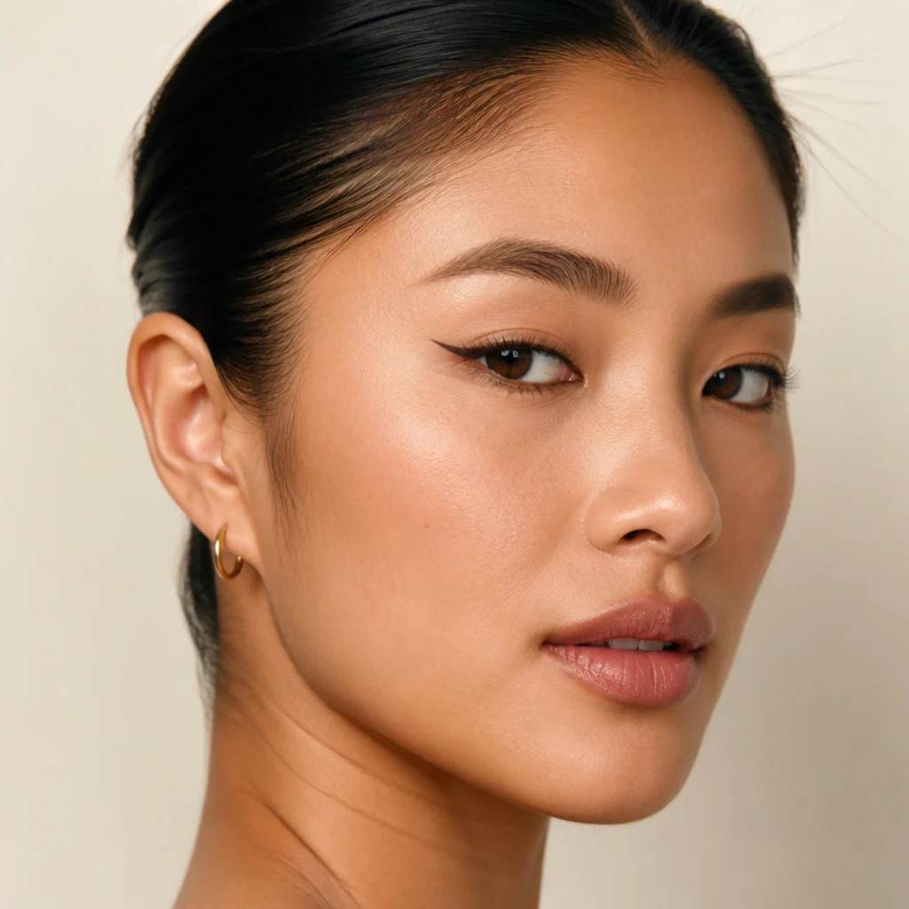 Model with hooded eyes wearing foxy eyeliner drawn along the open-eye lift line