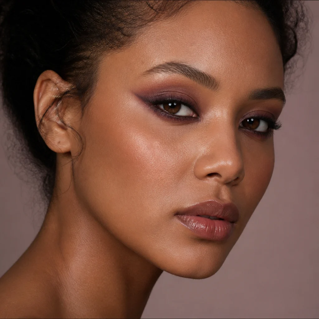 Model with a smoked plum foxy eye, deep purple diffused up toward the brow tail