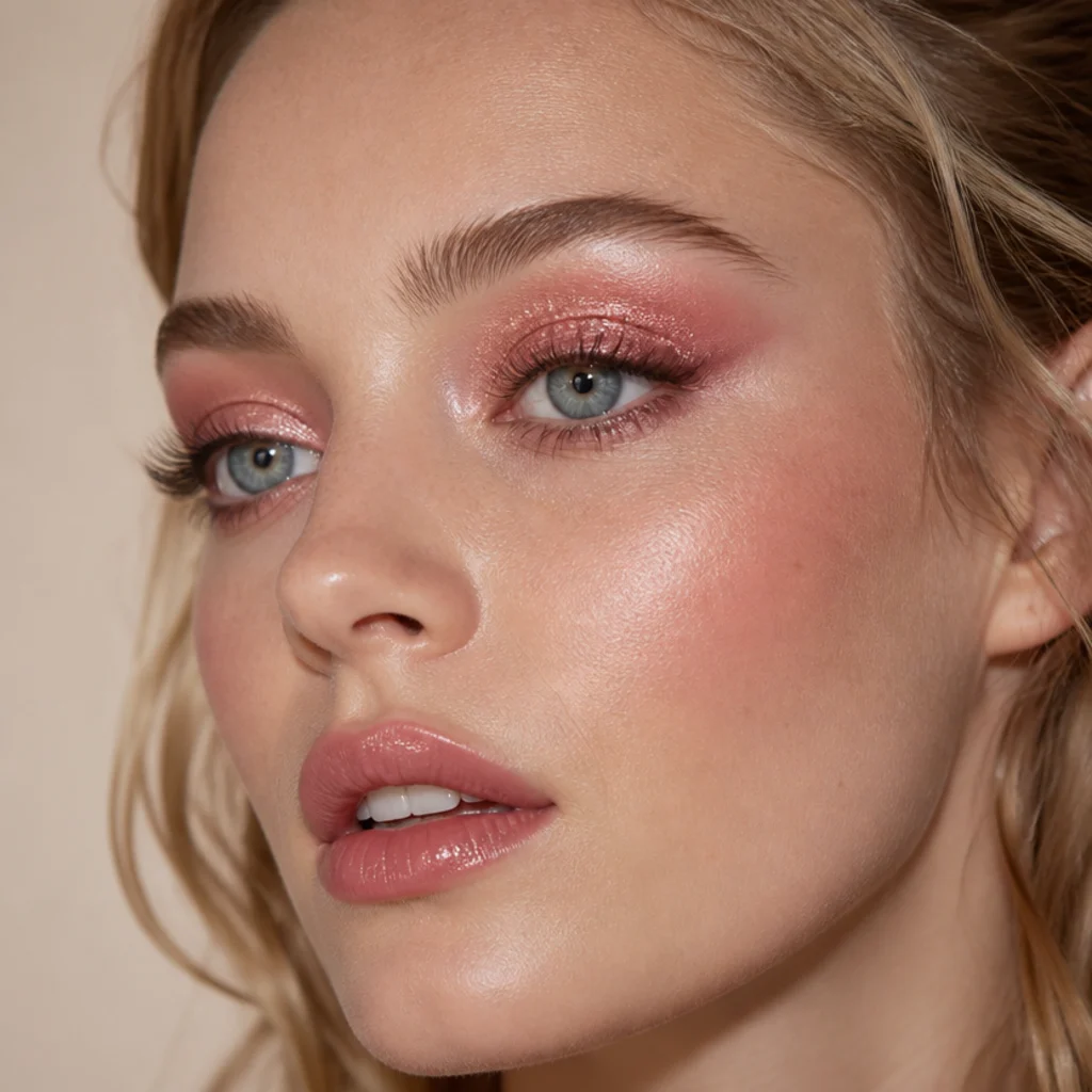 Model with rose gold glitter pressed over a mauve foxy base and a lifted outer corner