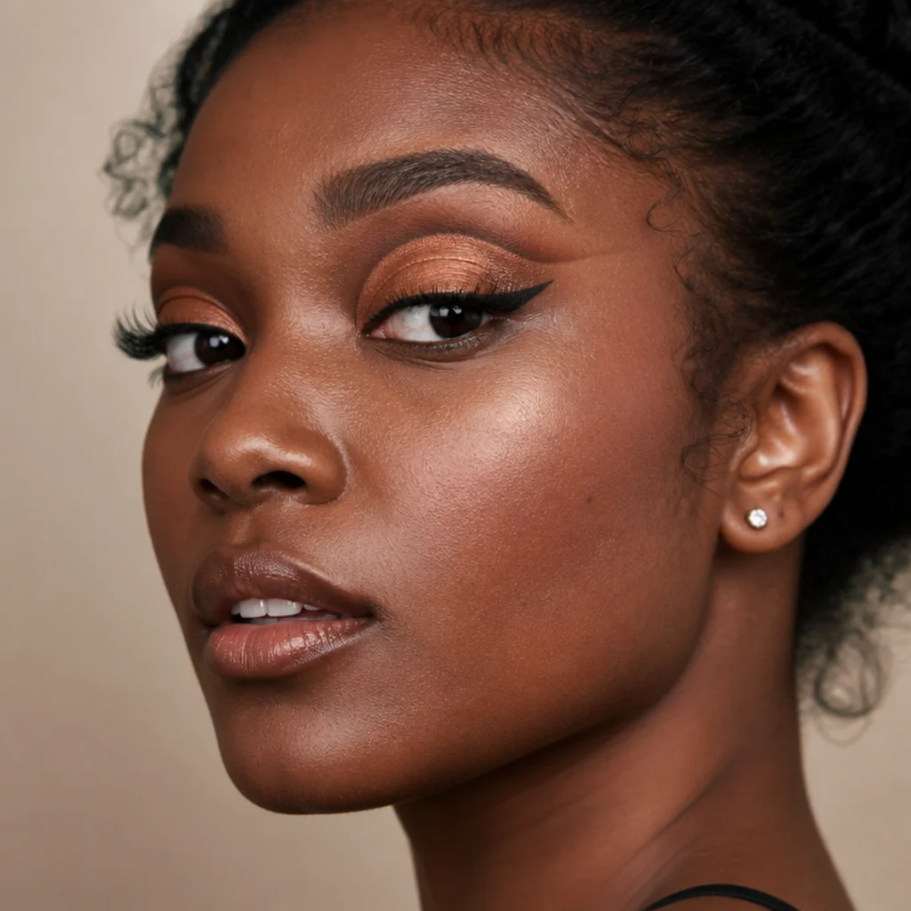 Model with a copper cut-crease sharpened into a lifted foxy outer corner
