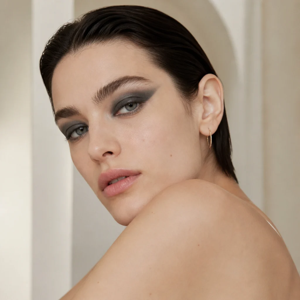 Model with cool grey matte shadow blended into a minimalist lifted foxy shape