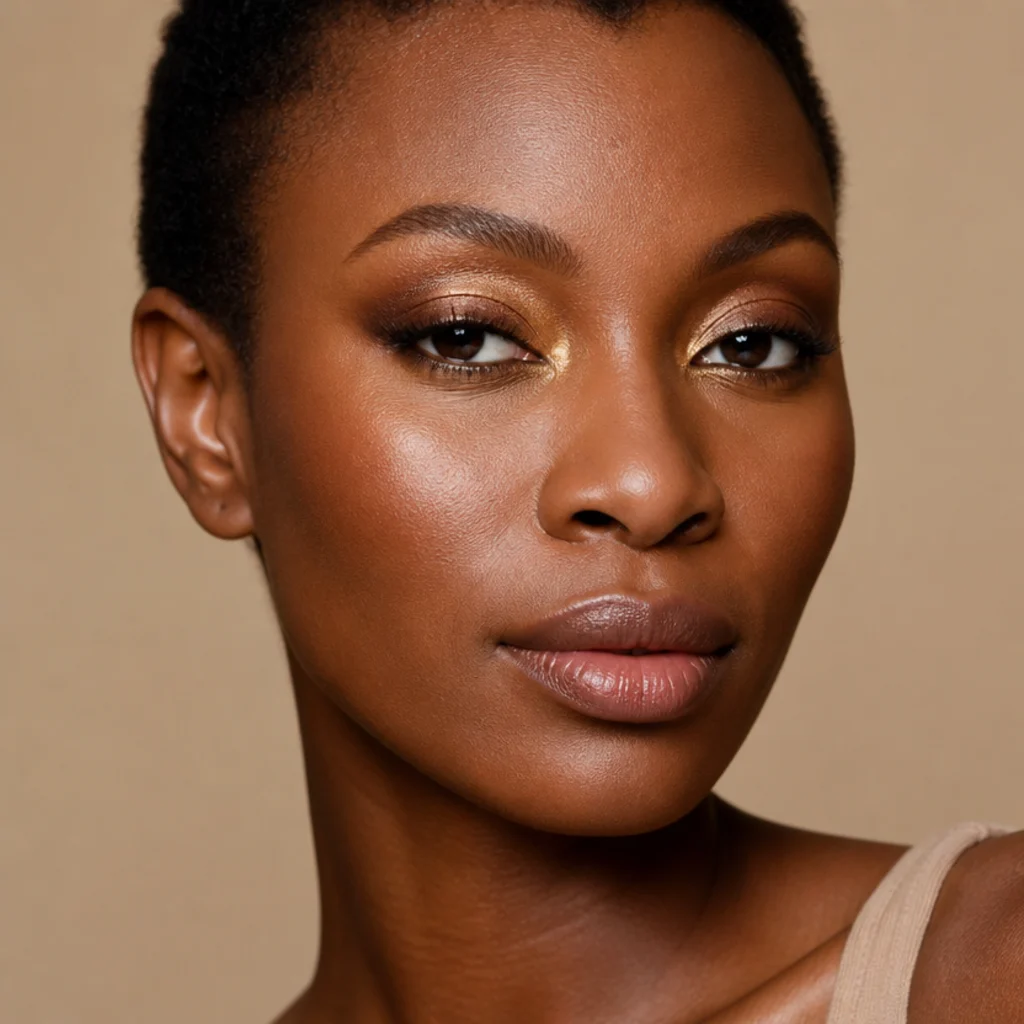 Model with deep skin wearing rich bronze and gold foxy shadow with a lifted tail