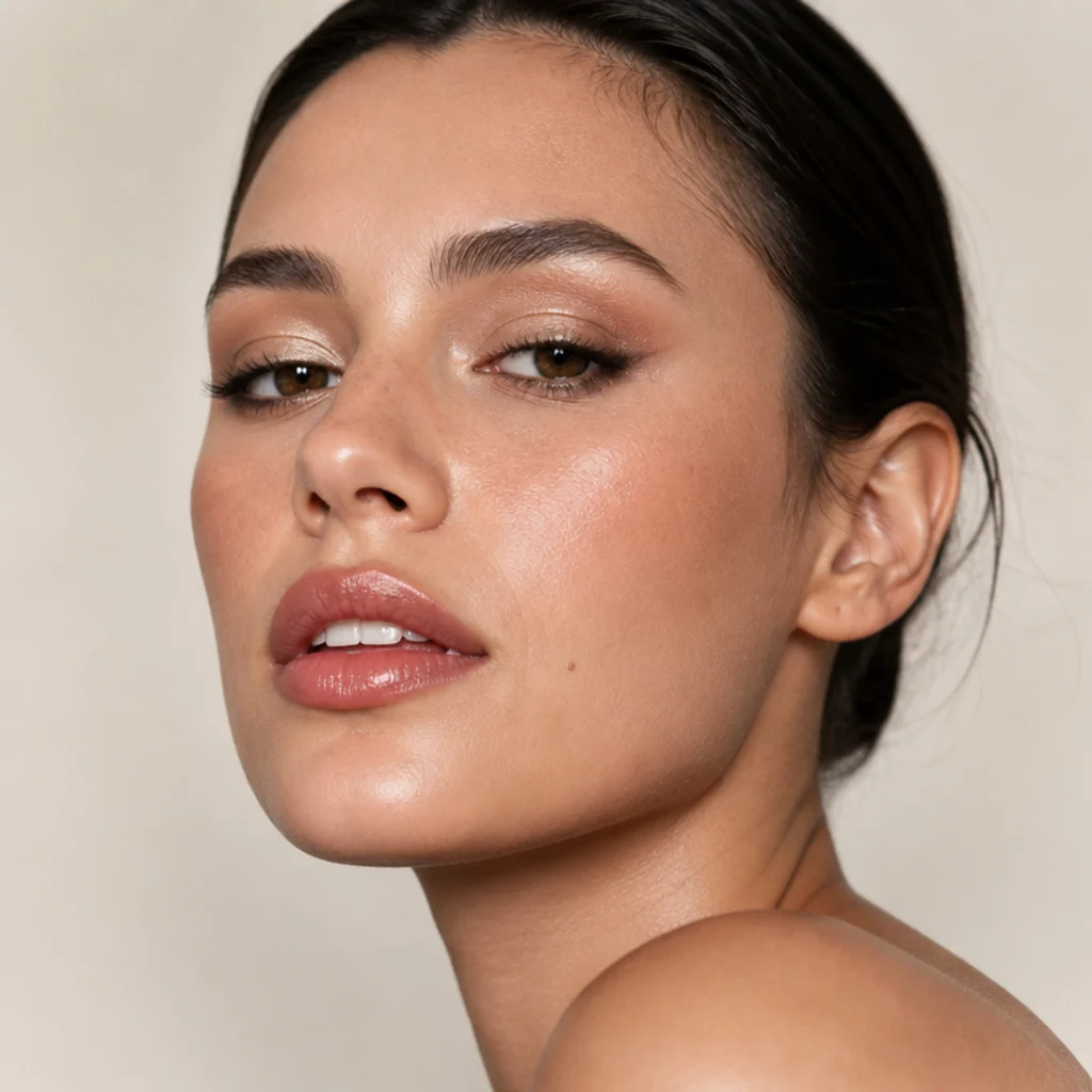 Model with a soft neutral foxy eye brightened by champagne shimmer in the inner corner