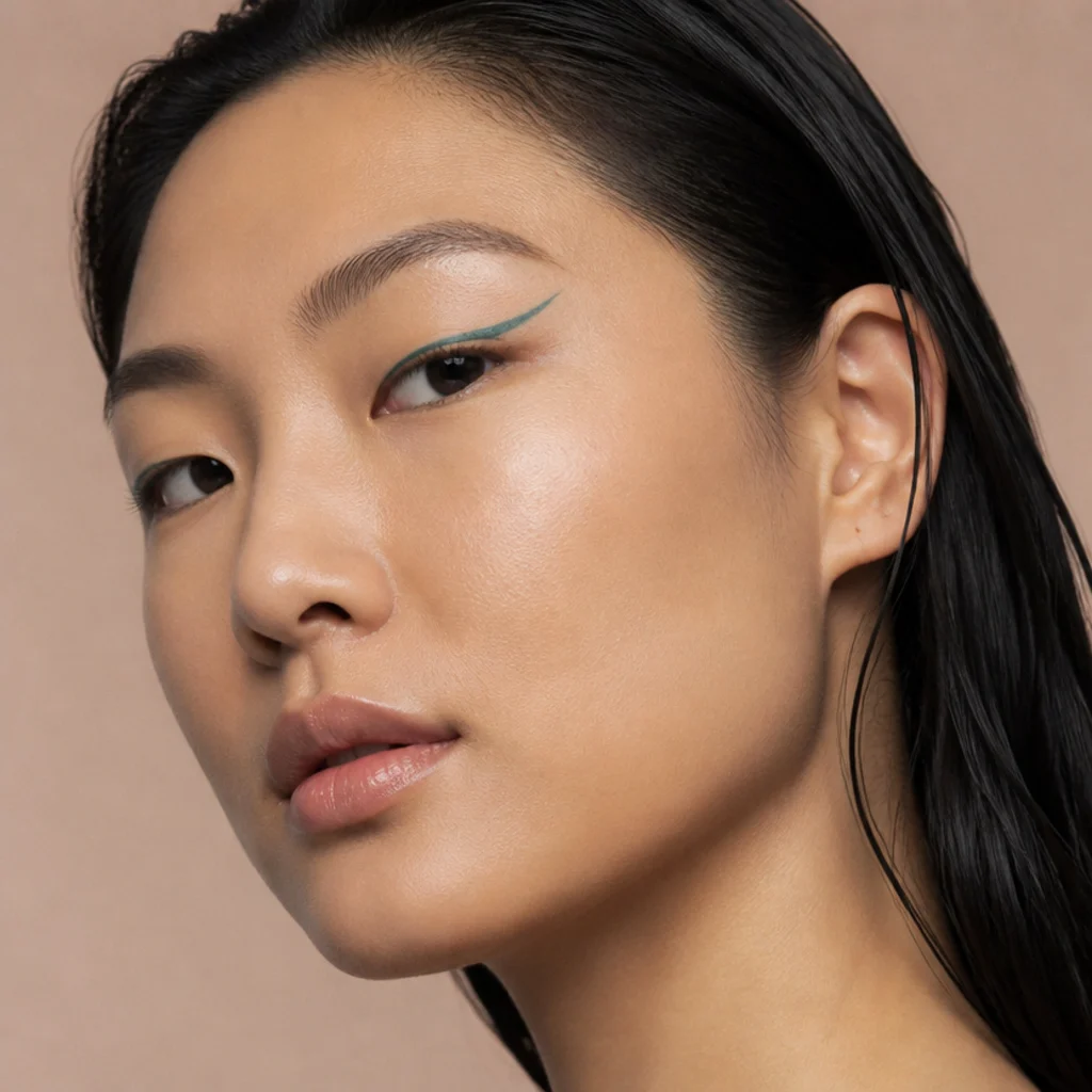 Model with a floating graphic liner line drawn above the crease in a lifted foxy angle
