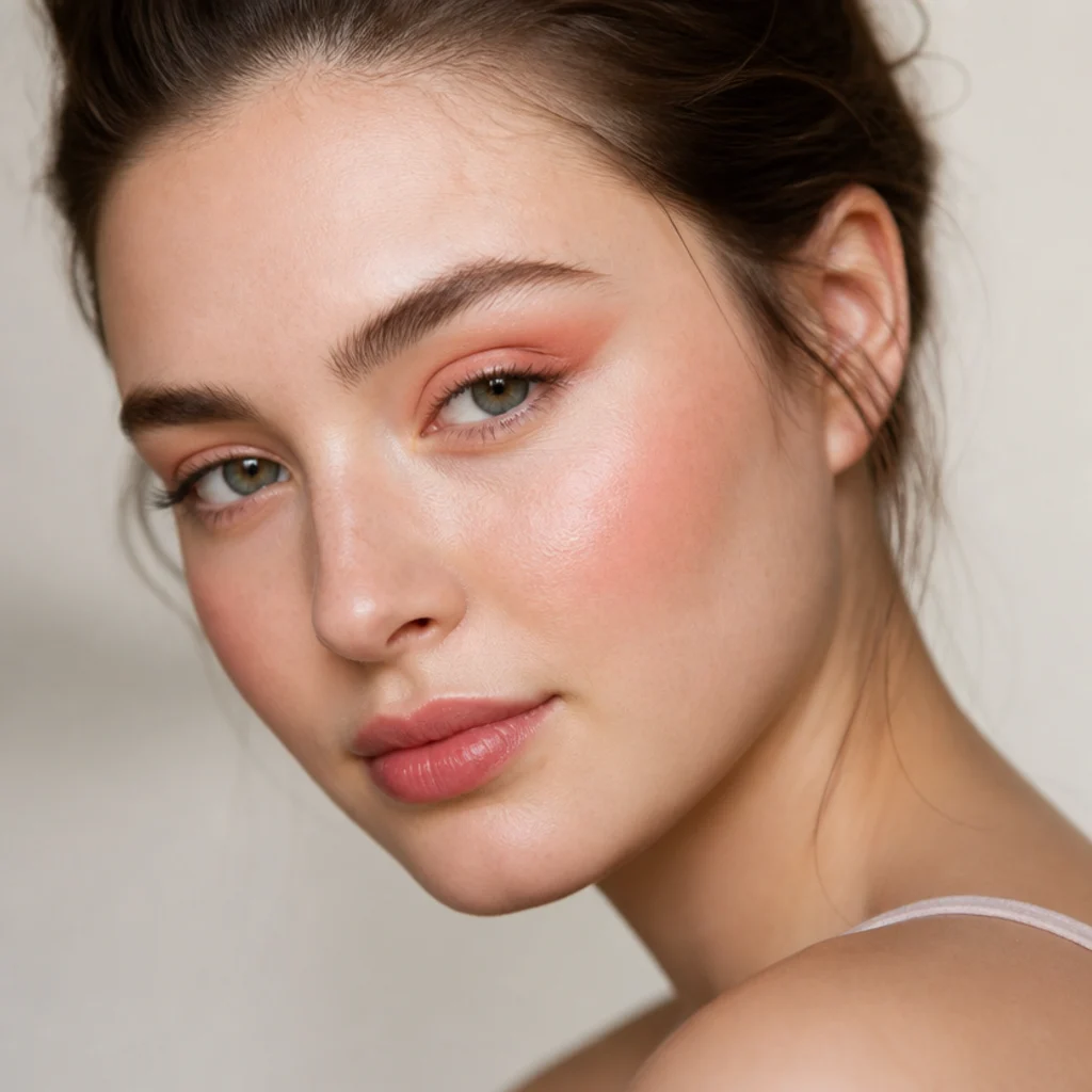 Model with sheer peach shadow blended into a soft lifted foxy shape for daytime