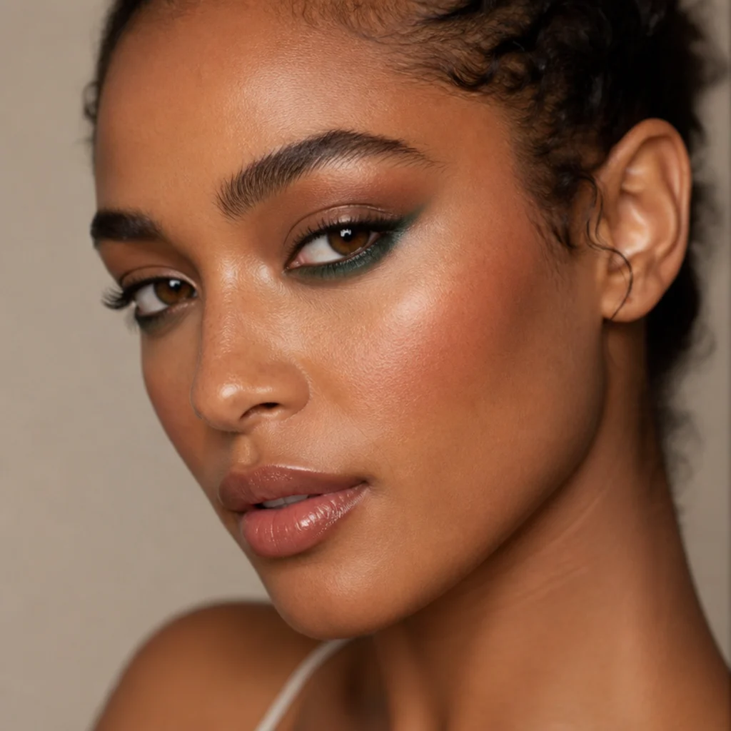 Model with a neutral foxy base and a pop of emerald green smoked along the lower lash line