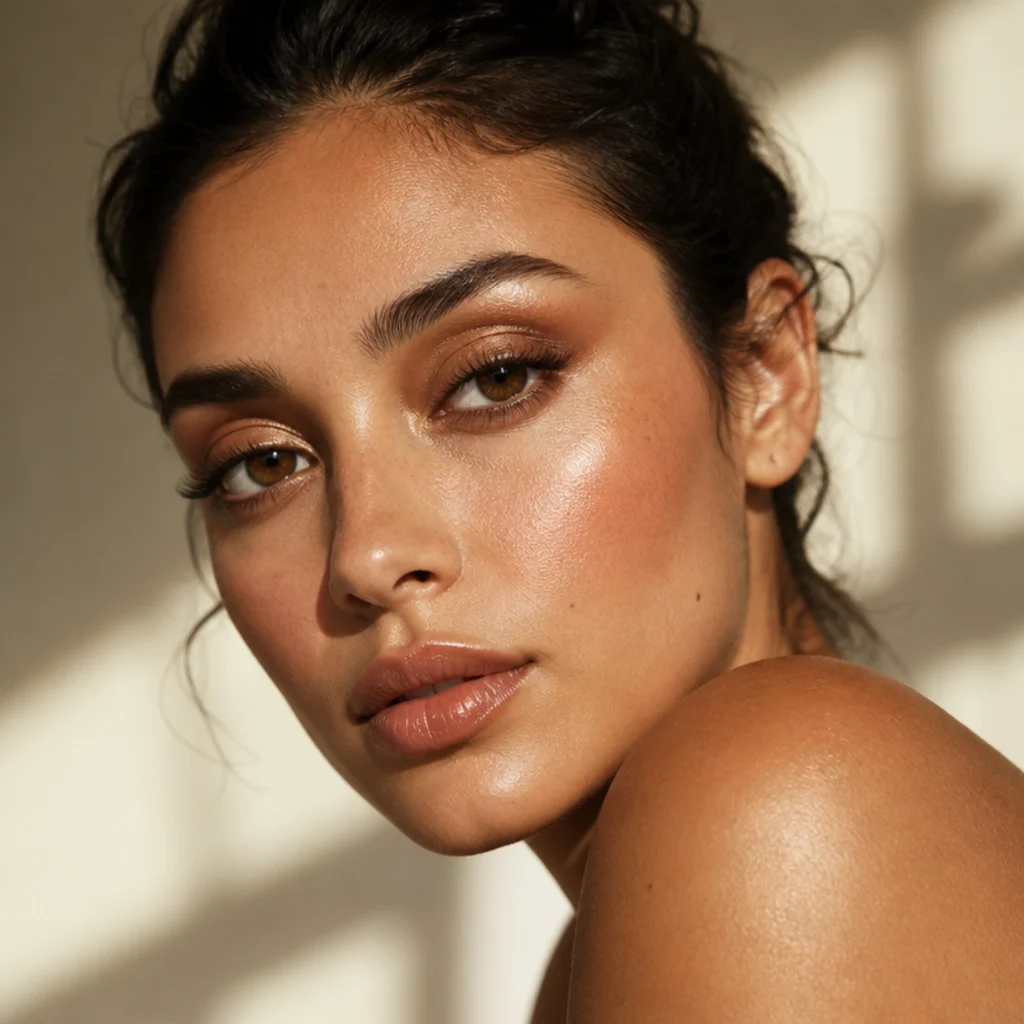 Model with warm bronze and gold shadow diffused for a glowing sunset foxy eye