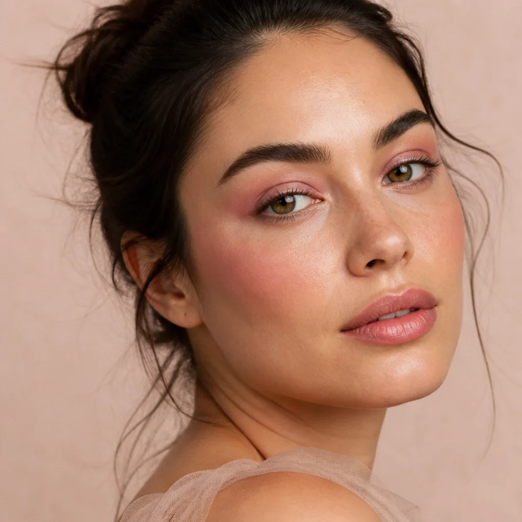 Model with matching blush-pink on eyes and cheeks in a soft lifted foxy shape