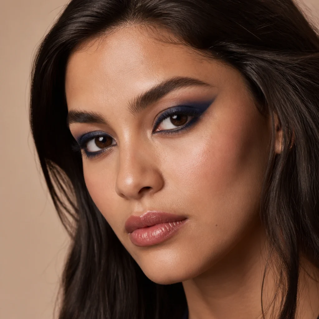 Model with a smoked navy foxy wing lifted toward the brow tail