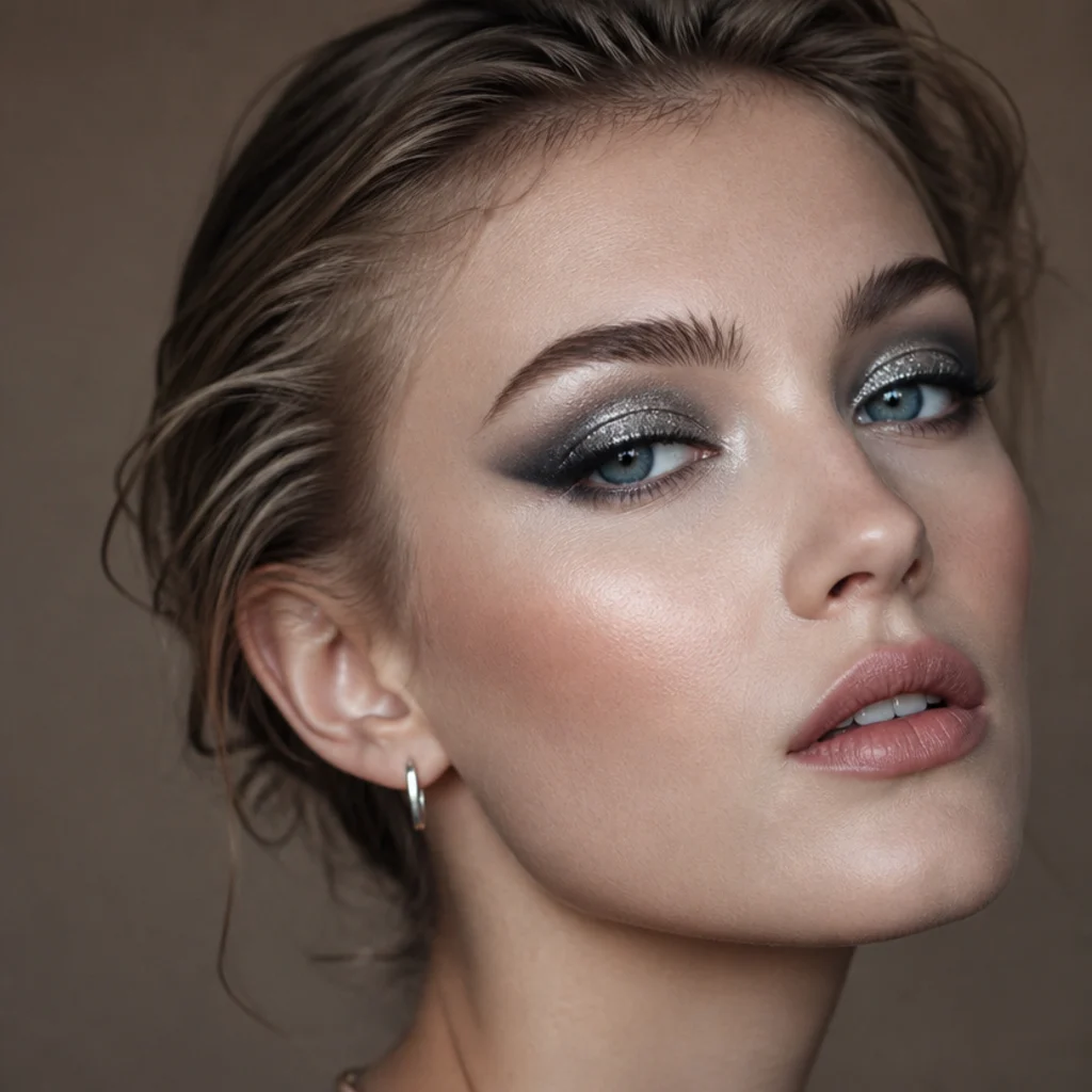 Model with cool silver glitter pressed over a grey foxy base and a lifted outer corner