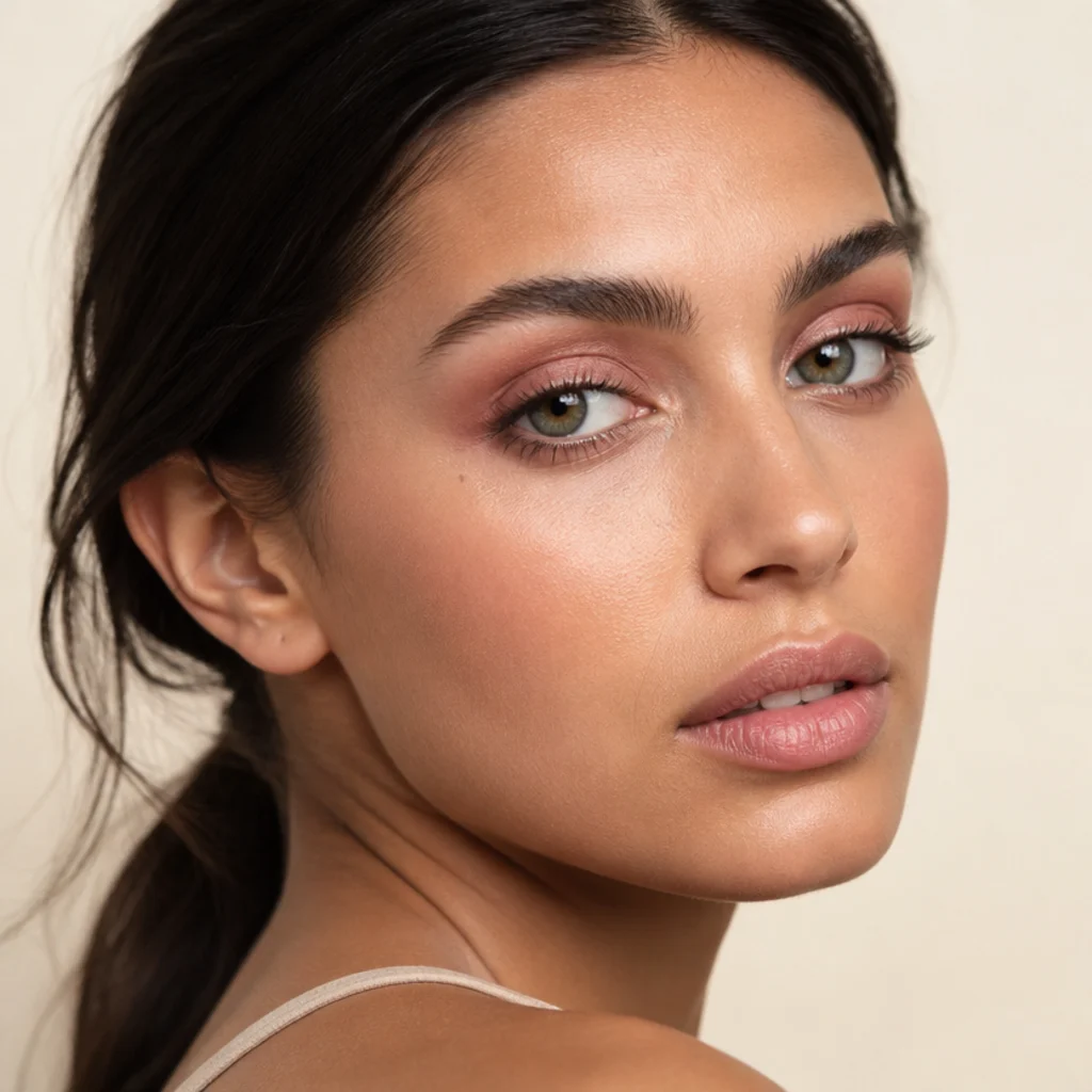 Model with a sheer mauve wash blended into a gentle lifted foxy shape