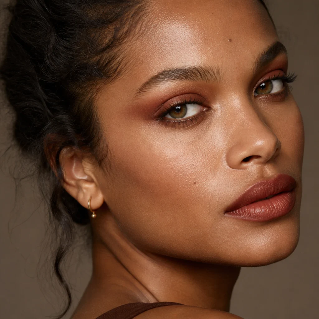 Model with a rich red-brown smoked foxy eye lifted toward the temple