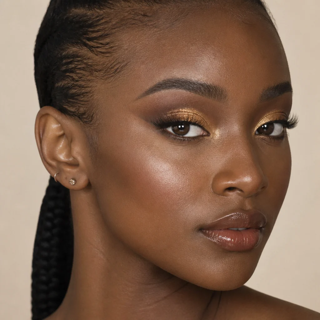 Model with high-shine foiled bronze creating big lifted foxy eyes and a bright inner corner