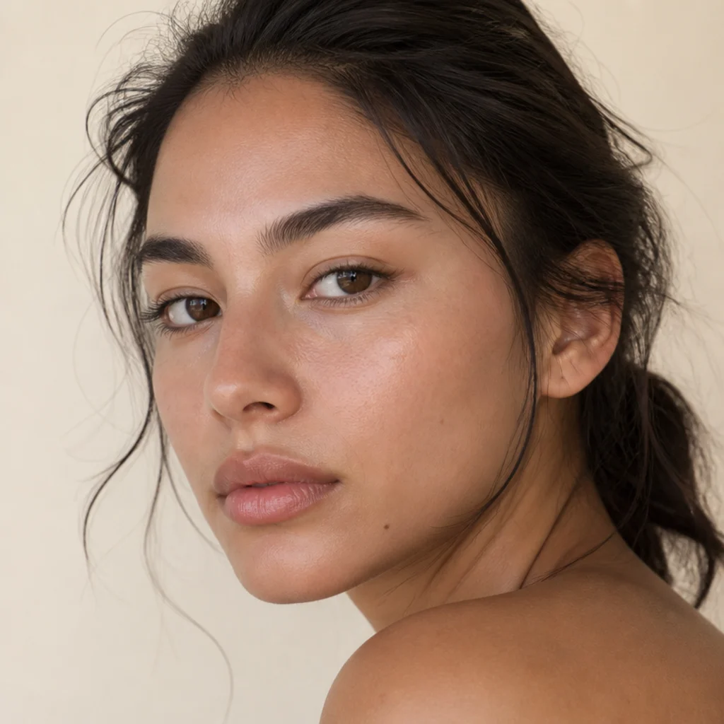 Model with a skin-tone matte lightly lifted at the outer corner for a bare foxy effect