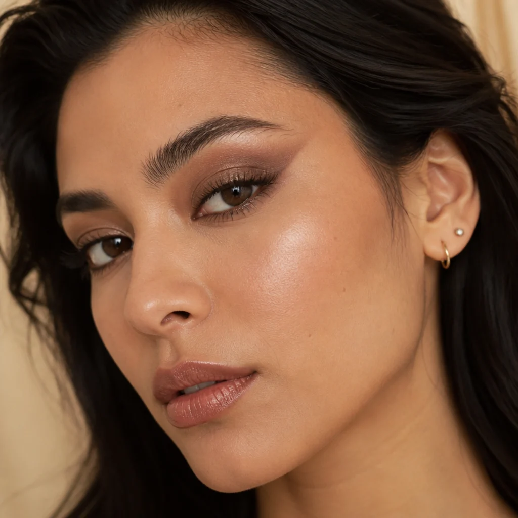 Three-quarter portrait of a model with lifted foxy eyes makeup, taupe-bronze shadow and a sharp upward wing