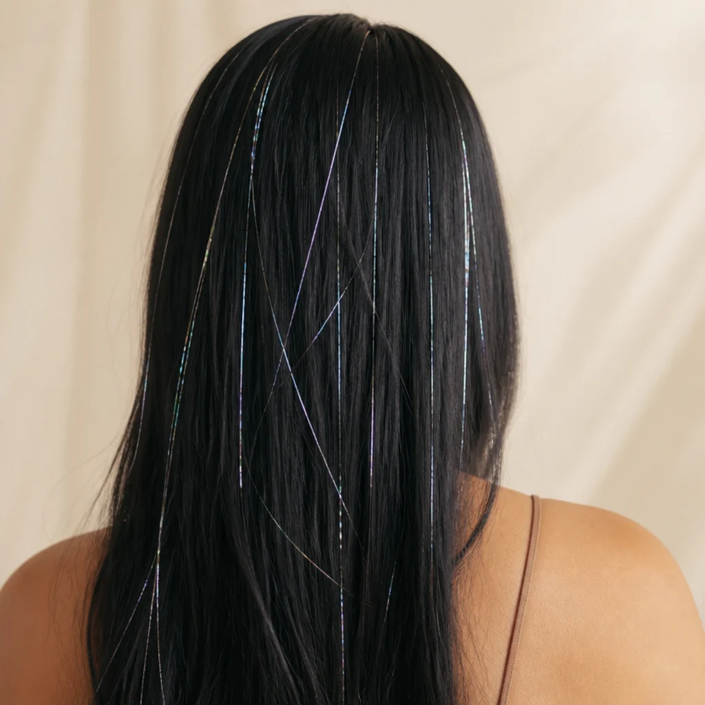 Back-angle view of straight jet-black hair layered with iridescent silver tinsel strands refracting studio light from white to lilac