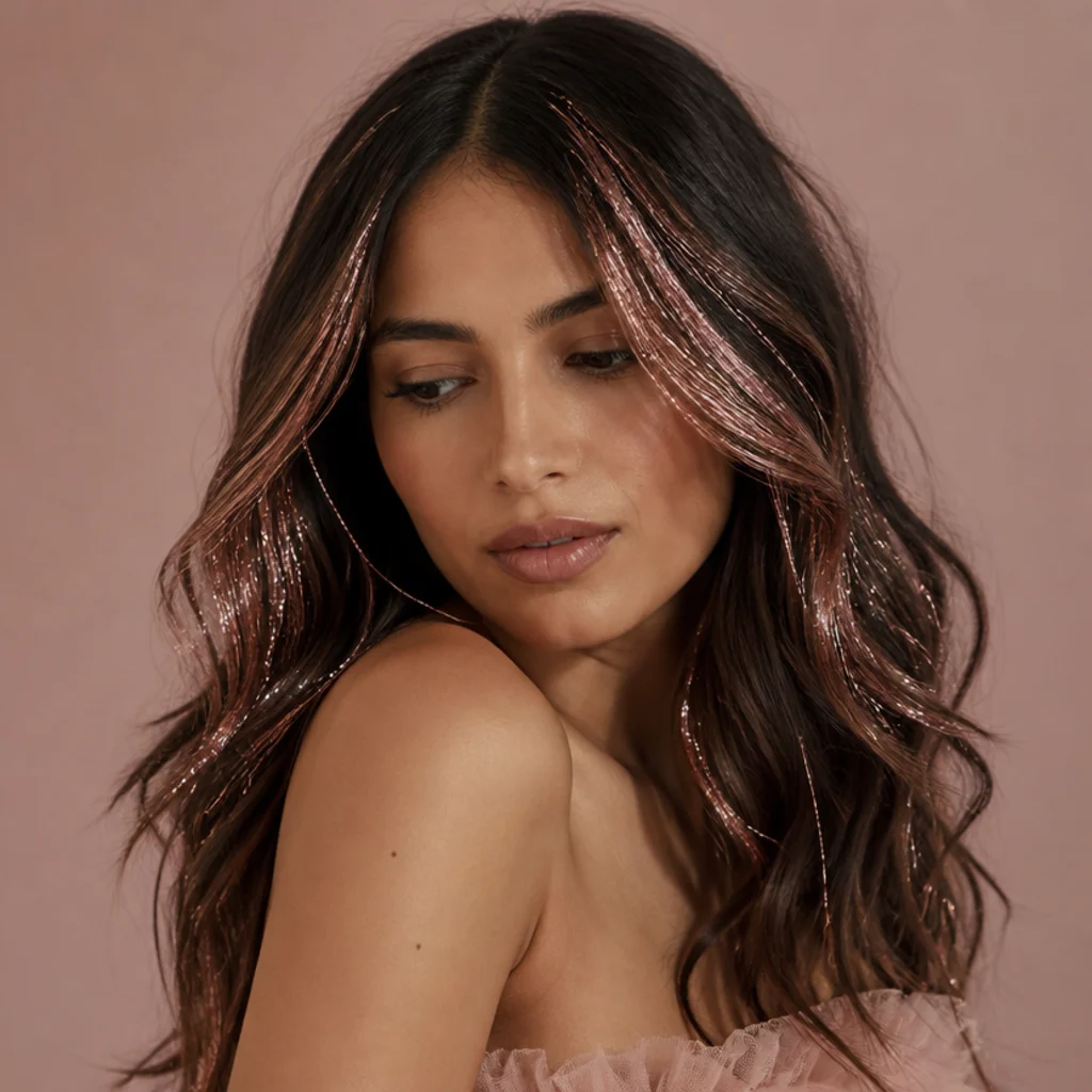 Three-quarter portrait of loose brunette waves threaded with warm rose gold tinsel strands clustered near the face