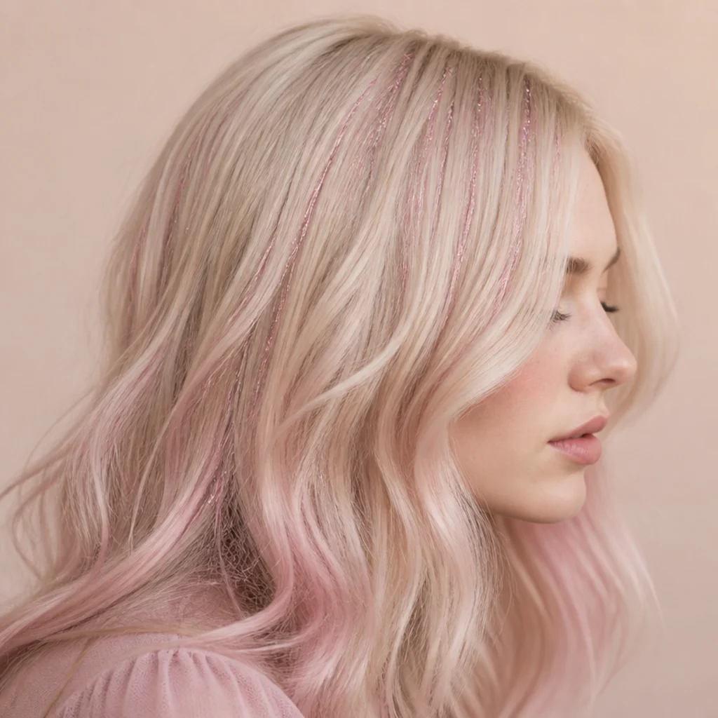 Side profile of cool platinum blonde hair with candy pink hair tinsel woven through soft waves