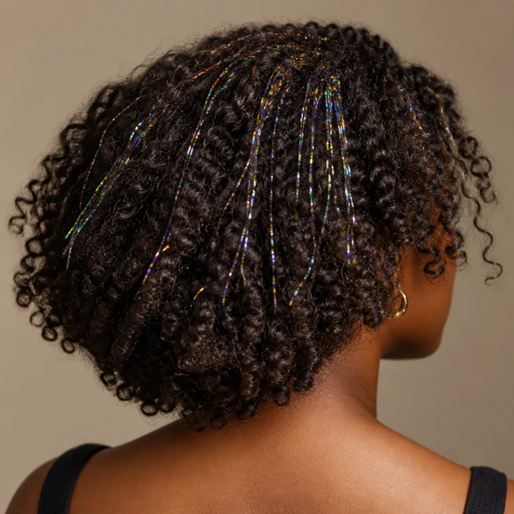 Back view of voluminous natural curls with holographic tinsel strands tucked among defined coils
