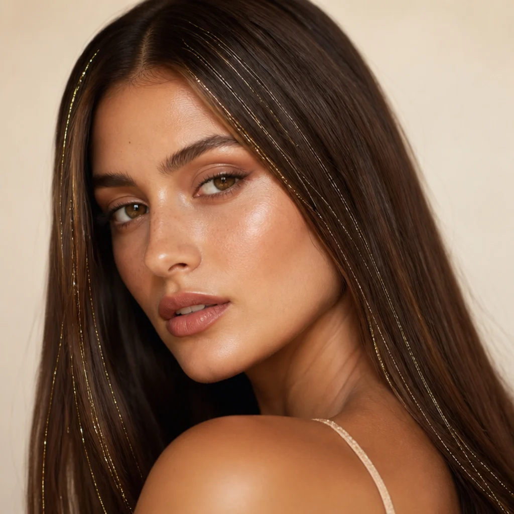Three-quarter portrait with a few gold tinsel strands placed at the face-framing sections of straight chestnut hair