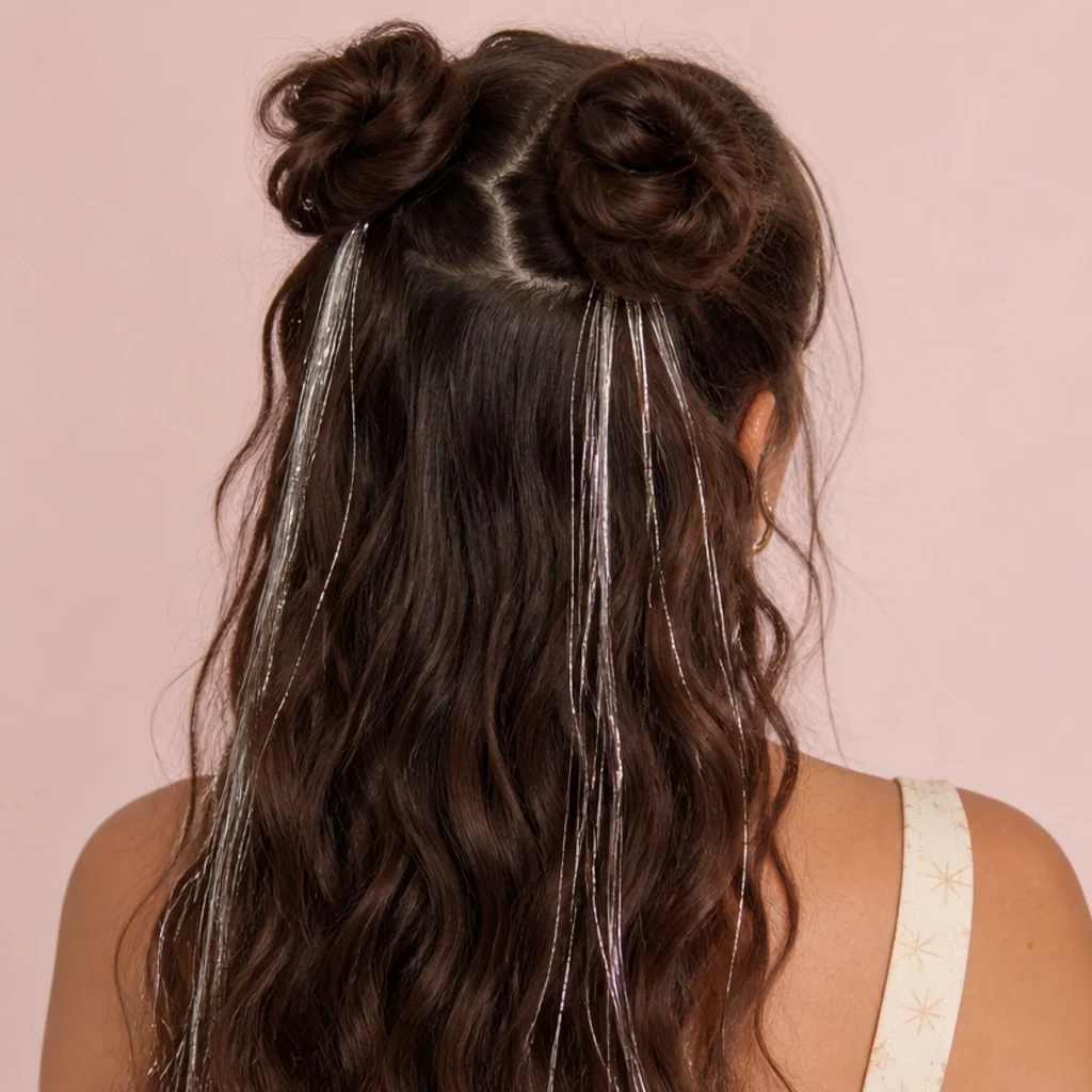 Back-angle view of two half-up space buns on wavy hair with silver tinsel strands trailing from each bun