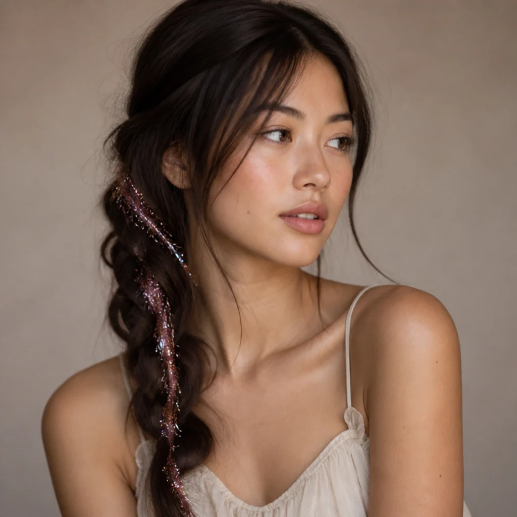 Three-quarter view of a loose side braid with pink and silver tinsel strands woven along the plait