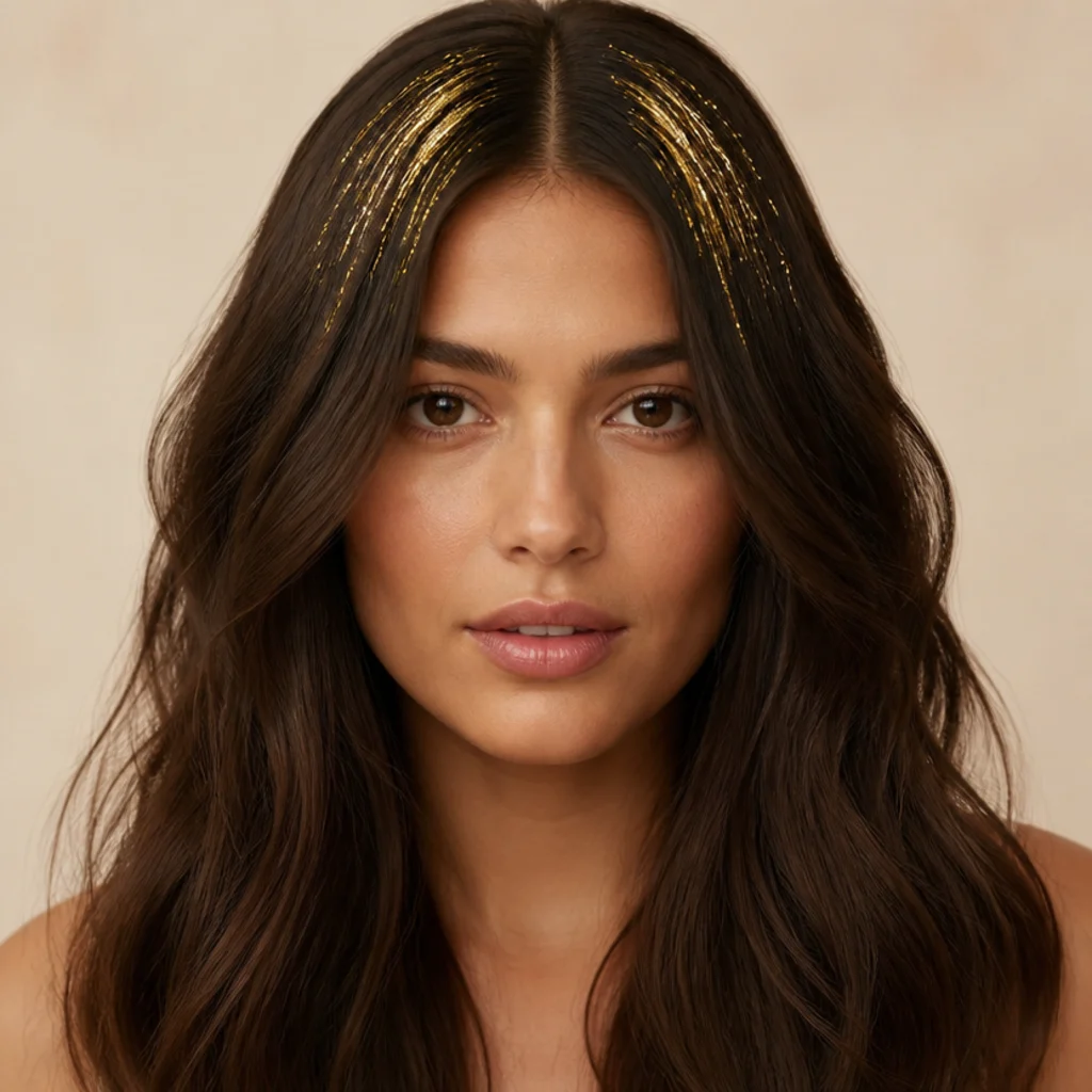Front-facing portrait with gold tinsel concentrated at the money-piece sections framing a center part