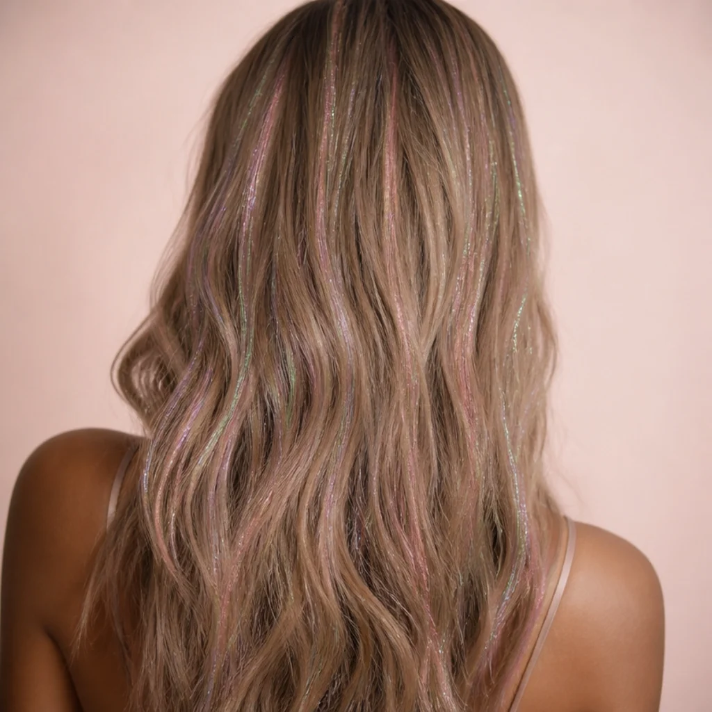 Back view of long light-brown hair scattered with a soft blend of pastel pink, lilac, and mint tinsel