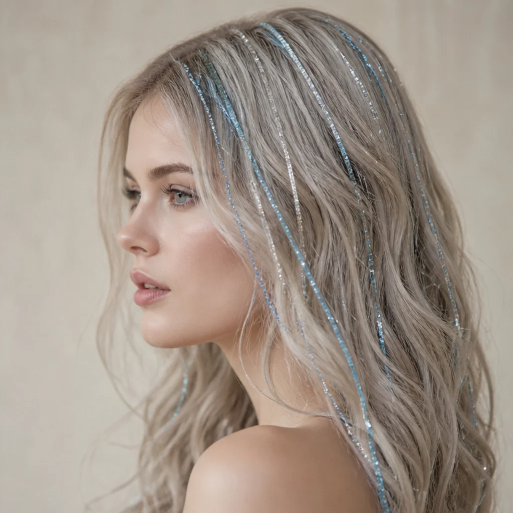 Side profile of ash-blonde waves threaded with icy blue and silver tinsel strands