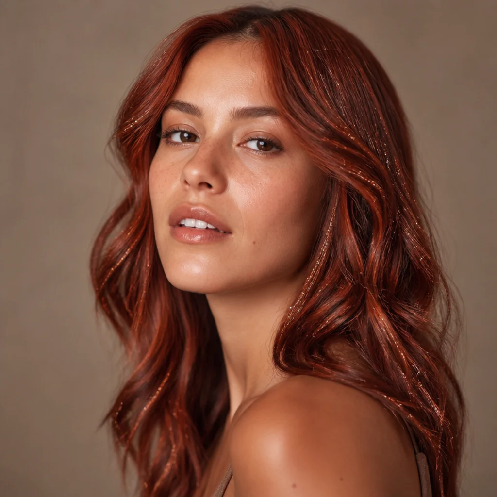 Three-quarter portrait of auburn hair with warm copper tinsel strands blended through soft waves