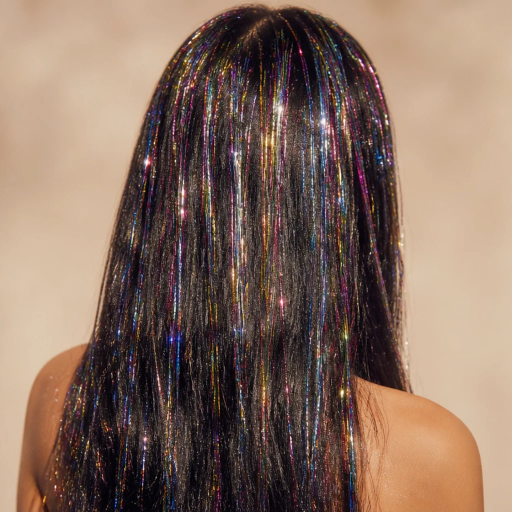 Back view of long dark hair covered in a dense mix of rainbow and silver tinsel for a full sparkle effect