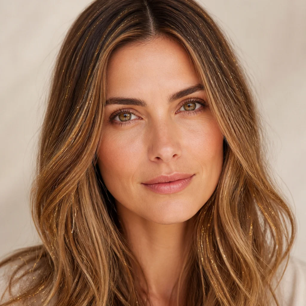 Front-facing portrait of bronde hair with a light scatter of champagne tinsel for a natural everyday shimmer