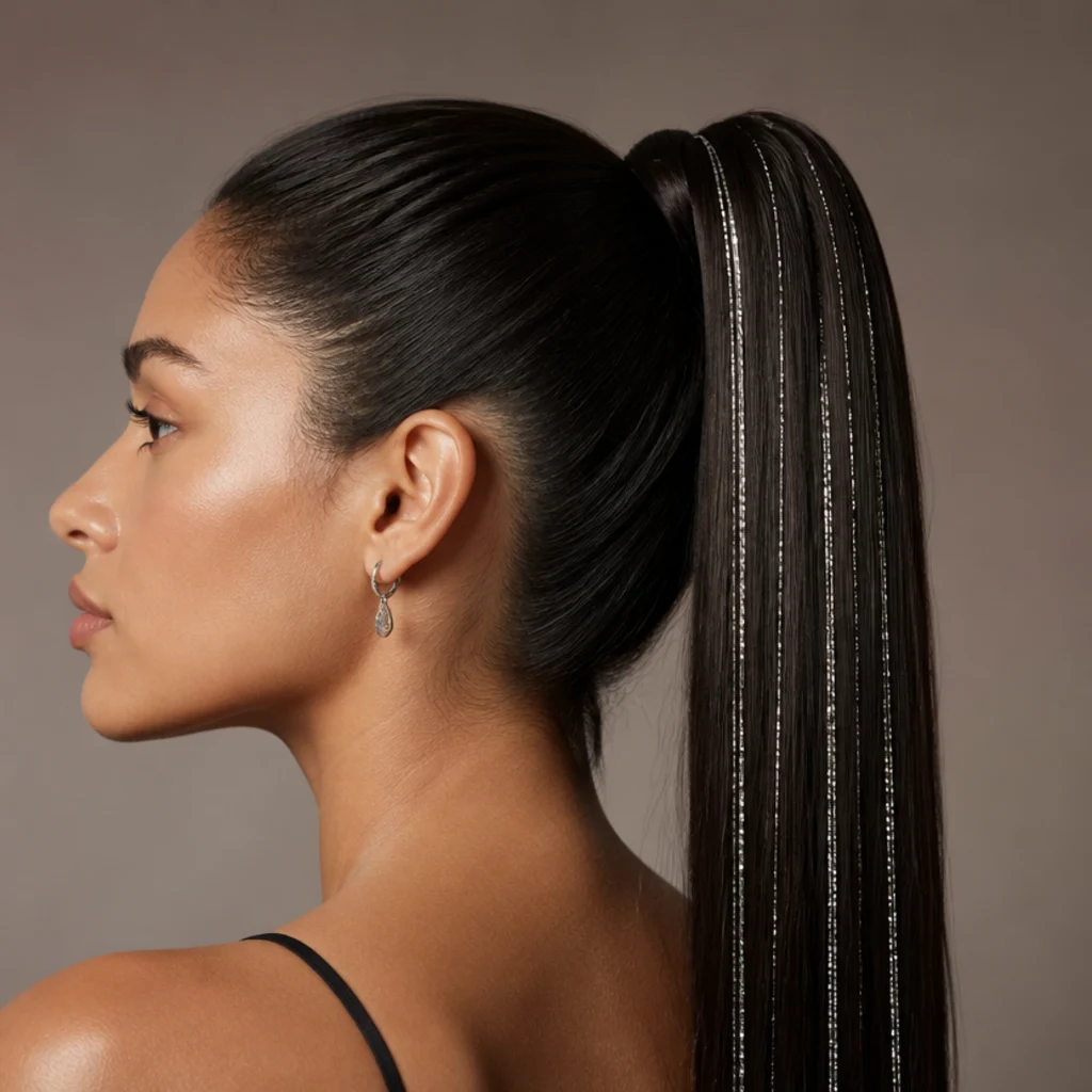Side view of a sleek high ponytail on dark hair with silver tinsel strands running down the length