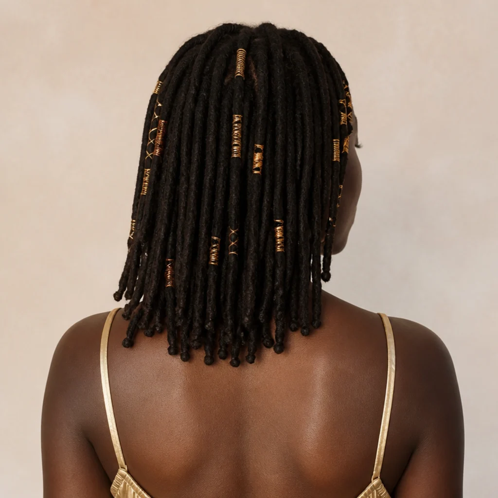 Back view of shoulder-length locs accented with gold and copper tinsel wrapped around several individual locs