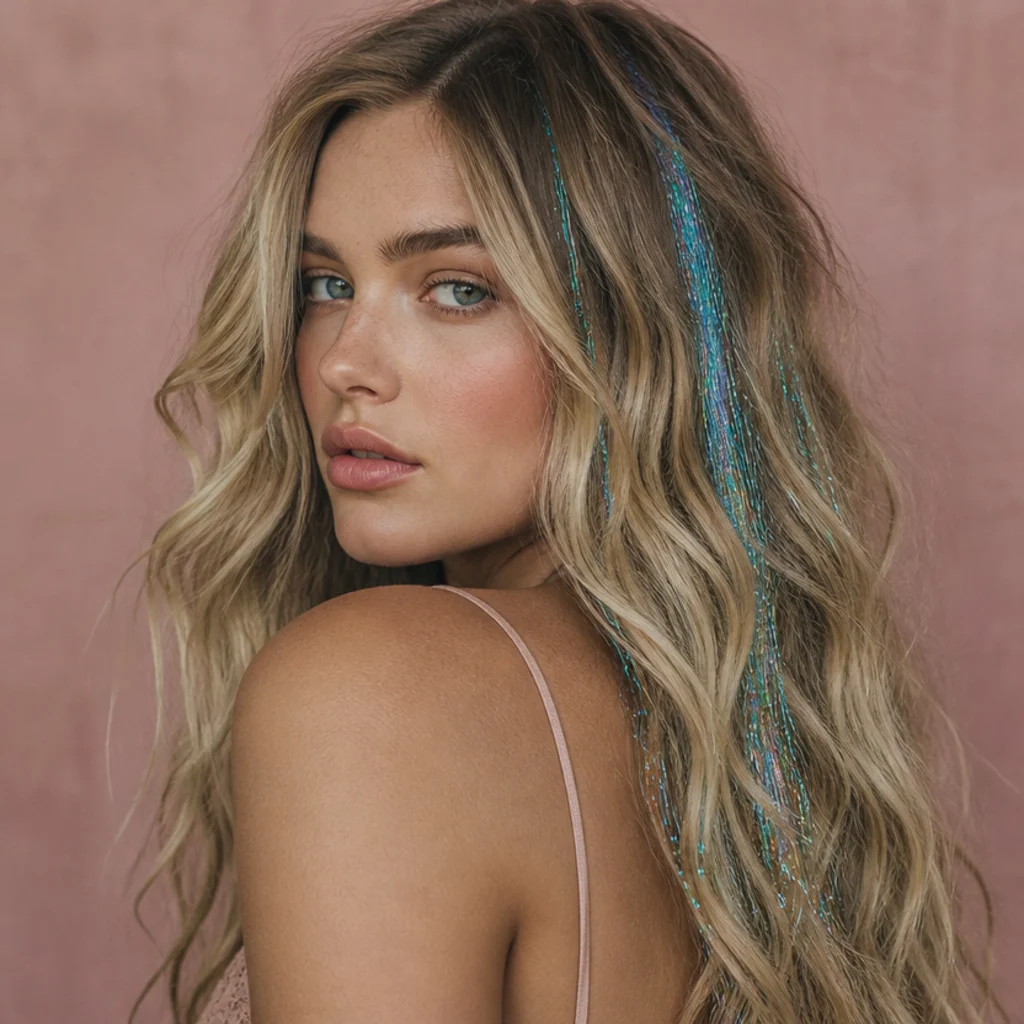 Three-quarter view of long beachy waves with teal and seafoam tinsel strands scattered through the lengths