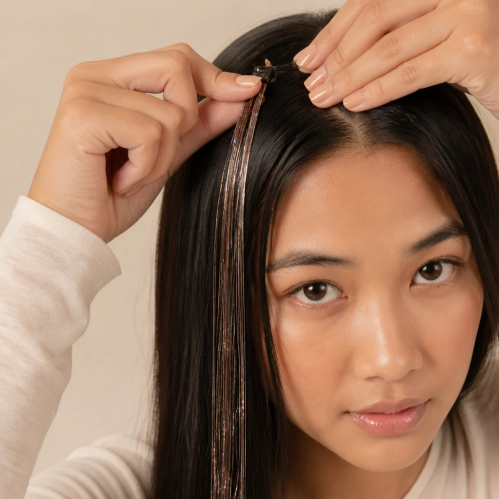 Front-facing portrait showing a clip-in tinsel piece being fastened near the crown of straight dark hair