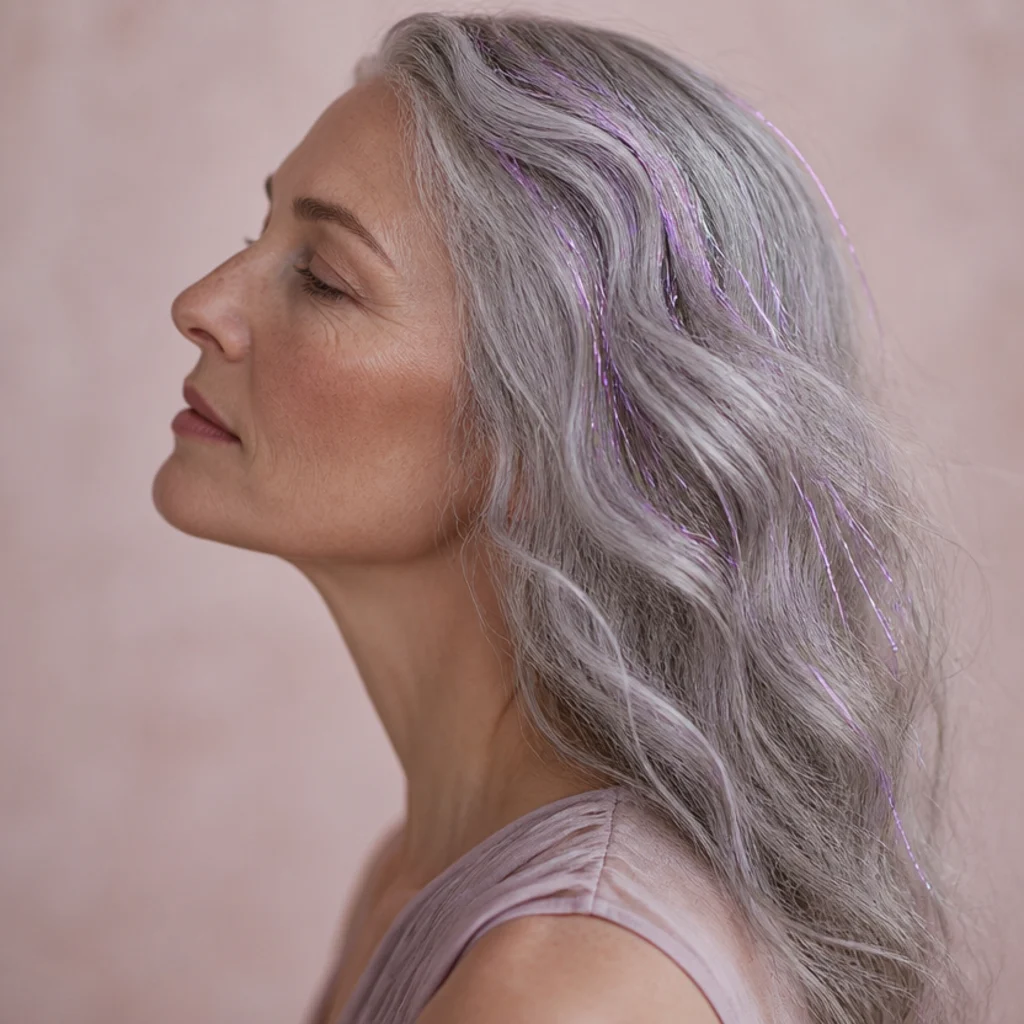 Side profile of silver-gray hair threaded with soft lavender and violet tinsel strands