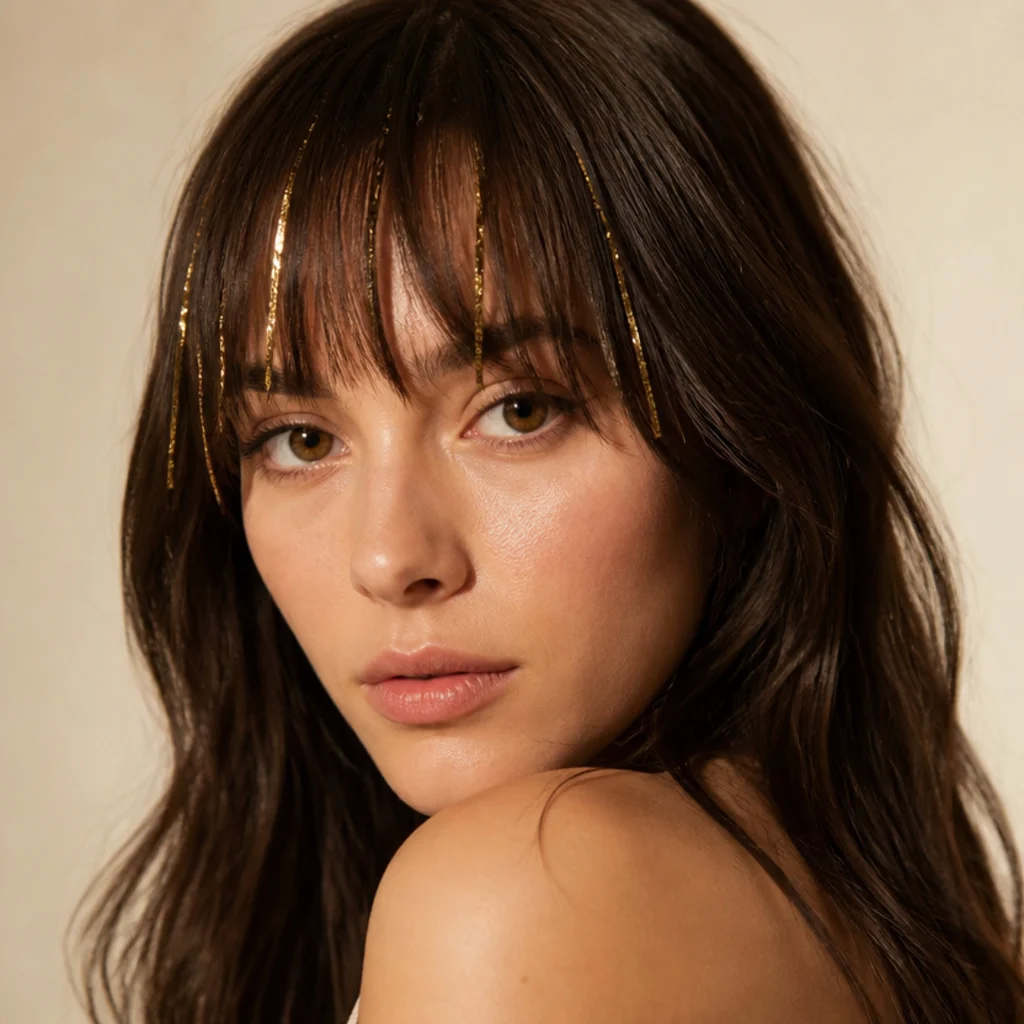 Three-quarter portrait of curtain bangs with a few gold tinsel strands placed along the fringe