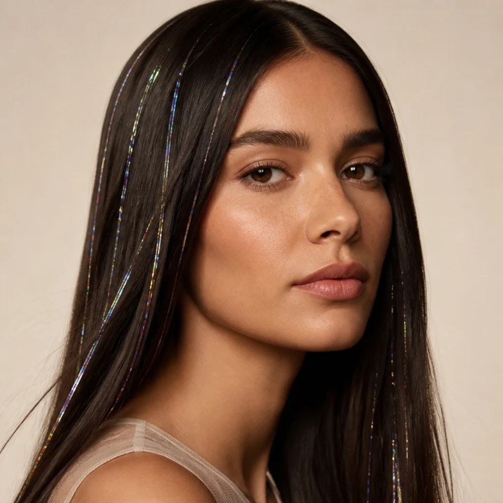 Three-quarter studio portrait of a model with dark hair threaded with iridescent silver hair tinsel against a warm ivory backdrop